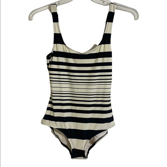 DKNY one piece swimsuit. Striped cream and blue colors. Size 12. Open back low. - Picture 1 of 6